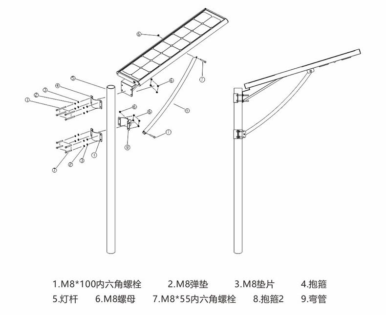 东莞抖阴污视频照明抱箍式一体化LED太阳能路灯安装示意图