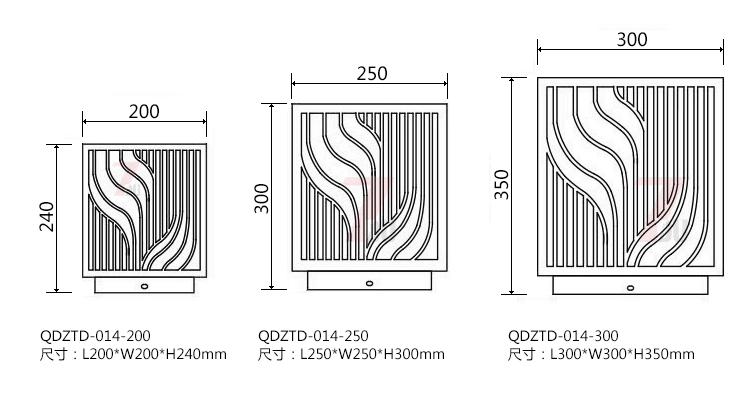 (QDZTD-014)古铜拉丝割花方形矮柱柱头灯200mm、250mm、300mm尺寸示意图